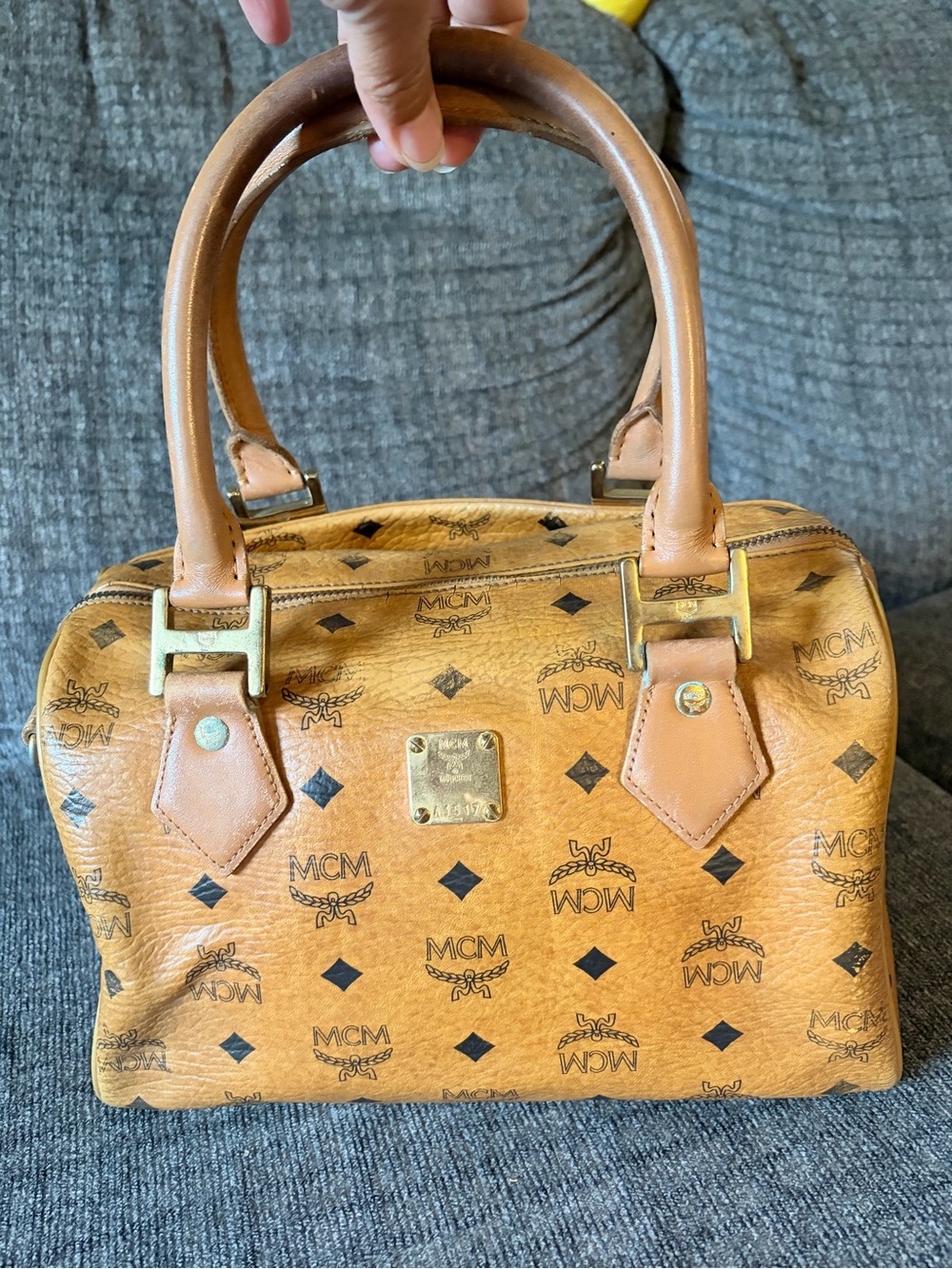 MCM Cognac Logo Mini Boston Bag